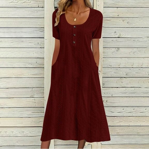 Patlollav Summer Dress for Women's Solid Color Button Short Sleeve Round Neck Pocket Dresses