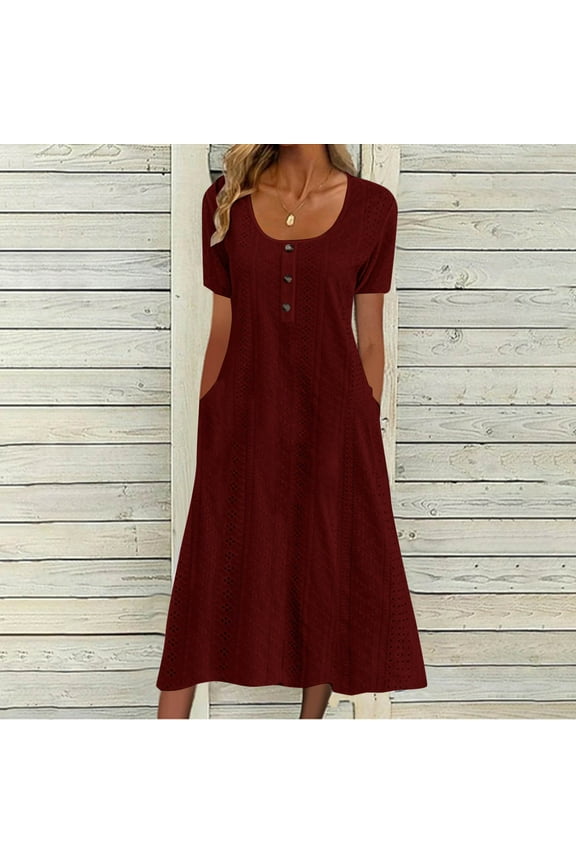 Summer Dress for Women's Solid Color Button Short Sleeve Round Neck Pocket Dresses