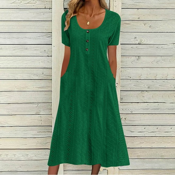 Patlollav Summer Dress for Women's Solid Color Button Short Sleeve Round Neck Pocket Dresses