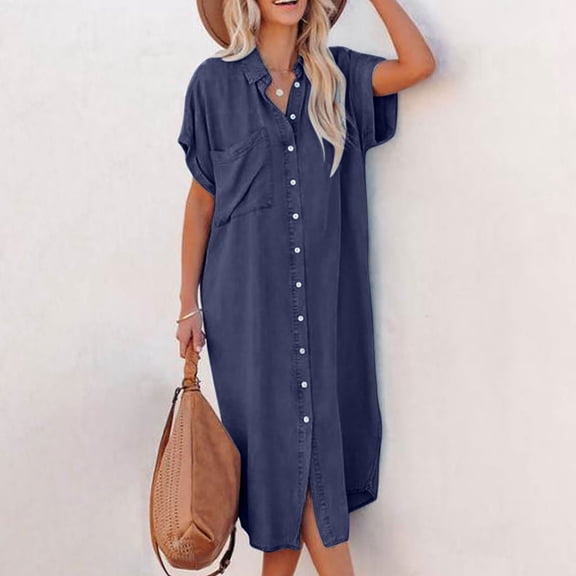 Patlollav Summer Dresses,Womens Casual Lapel Solid Color Short Sleeve Shirt Dress Denim Dress