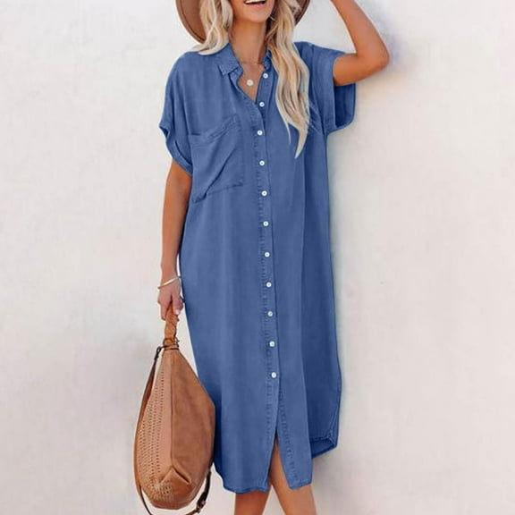Patlollav Summer Dresses,Womens Casual Lapel Solid Color Short Sleeve Shirt Dress Denim Dress