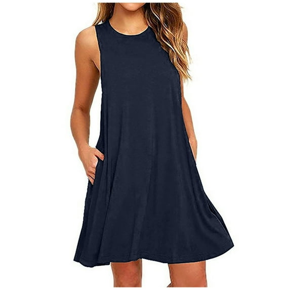Patlollav Summer Dresses for Womens Beach Solid Color Sundress Pockets Boho Tank Dress