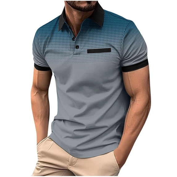 Patlollav Summer Mens Polka Gradient Lapel Shirts Button Sport Short-Sleeve Turndown Collar Tops