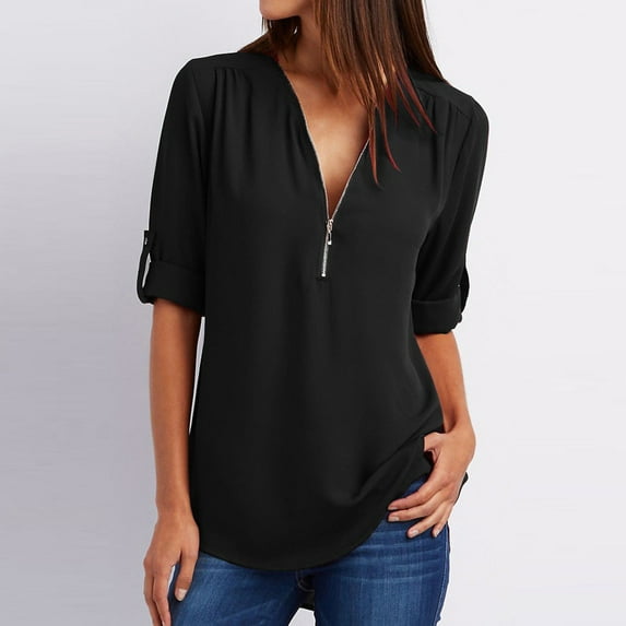 Patlollav Summer Saving Plus Size Womens Summer Long Sleeve Shirts Zip Casual Tunic V-Neck Rollable Blouse Tops