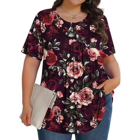 Otvok Womens Plus Size Tops Crew-Neck Short-Sleeved Pleated Loose Blouses
