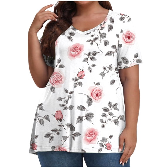 Otvok Womens Plus Size Blouses Summer Printed Regular Short Sleeve T-Shirt Top