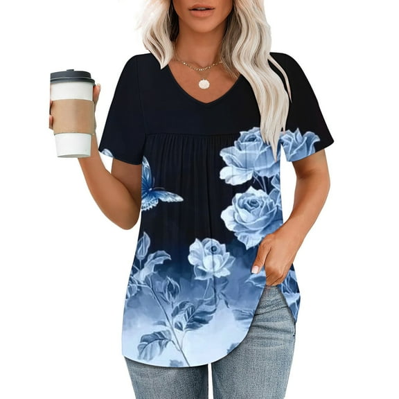 Otvok Summer Loose Tops Womens Printed V-Neck Short-Sleeved T-Shirt