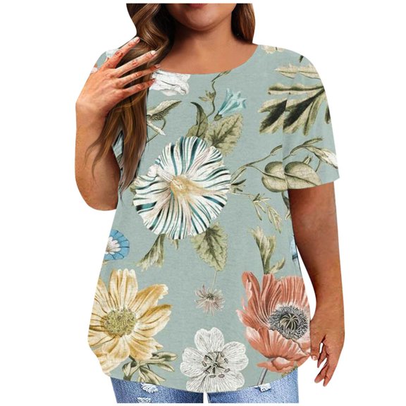 Patlollav Summer Tops For Women 2024 Casual Plus Size Tshirt Elegant Floral Print Tunic Shirts Cozy Summer Going Out Blouses