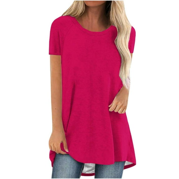 Patlollav Summer Tops For Women Short Sleeve Shirts Round-Neck Tshirts Solid Casual Tunic Tops