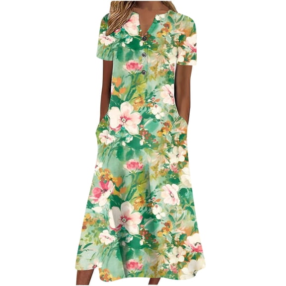 Patlollav Summer Womens Dresses Casual V-Neck Buttons Short Sleeve with Pocket