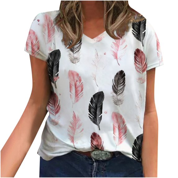Patlollav Summer Womens T-shirts Clearance,Plus Size Ladies Fashion V-Neck Short Sleeve Print Casual Blouse