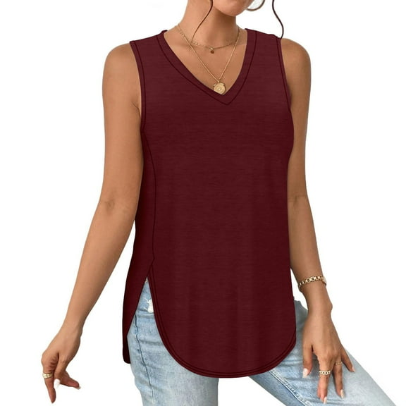 Patlollav Tank Top for Women Under $10.00, Womens Tank Summer Solid Sleeveless V-Neck Slit Casual Loose Fit Blouse Tops