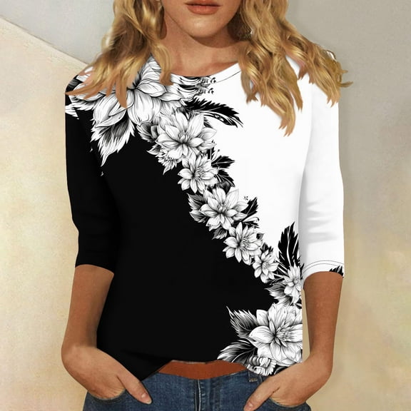 Patlollav Three Quarter Sleeve Tops Woman Crewneck Cute Shirts Casual Trendy Print Blouses Length T Shirt 2025