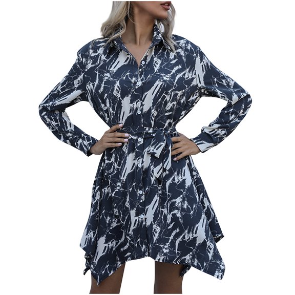 Patlollav Tie-Dye Shirt Dresses Womens Spring Summer Temperament Long Sleeve Turndown Collar Dress