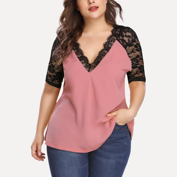 Patlollav Tops for Women 2022,Flash Picks Plus Size Women's Casual Half Sleeve Solid Lace V-Neck Splicing T-Shirt Net Yarn Tops