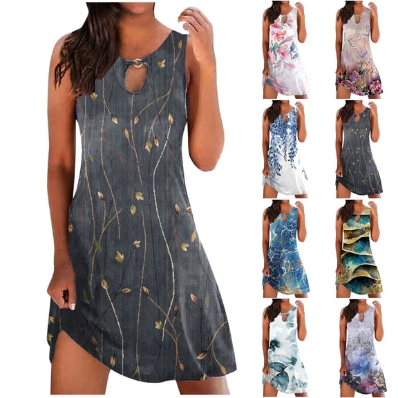 Patlollav Trendy Dresses for Womens Fashion Sleeveless Round Neck Casual Print Dress