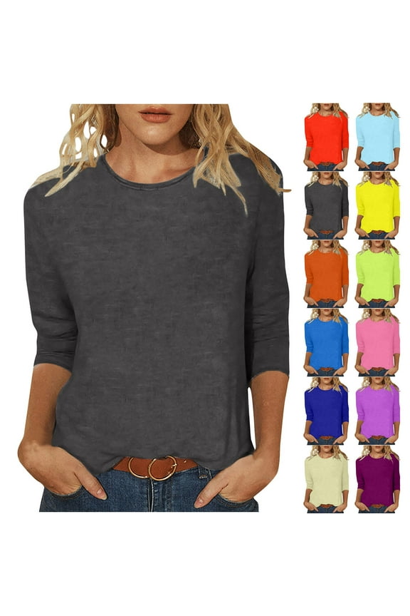Trendy Tops for Womens Solid T-Shirt Mid-Length 3/4 Sleeve Blouse Round Neck Casual Tops