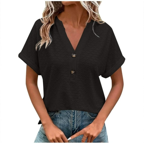 Patlollav Trendy Tops for Womens T-Shirt Tops Fashion Casual Solid Button V Neck Blouse