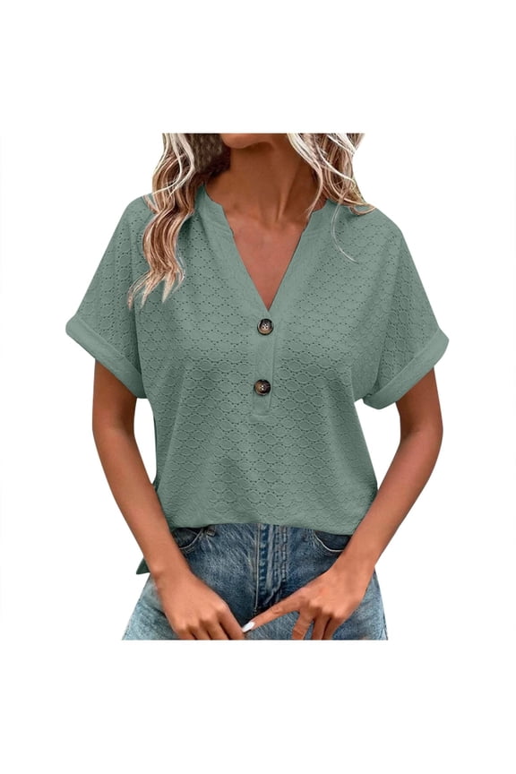 Trendy Tops for Womens T-Shirt Tops Fashion Casual Solid Button V Neck Blouse