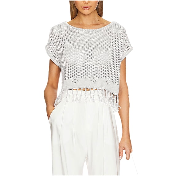 Patlollav Tunic Tops for Women Casual Fringe Short Sleeve Loose Cutout Round Neck Casual Blouse
