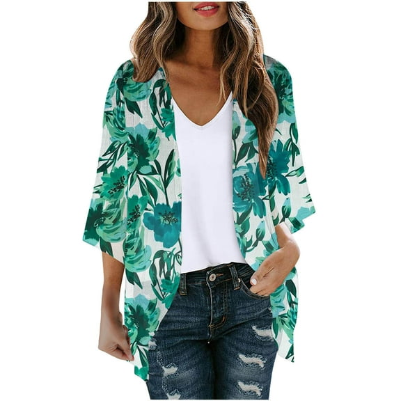 Patlollav Up to 65% off Women Chiffon Printed Cardigan Kimono Robe Tops Hawaiian Print Beach Bikini Cover Up Blouse