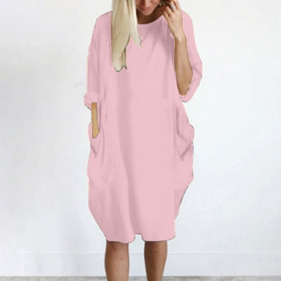 Patlollav Up to 65% off Womens Pocket Loose Dress Ladies Neck Casual Long Tops Dress Plus Size