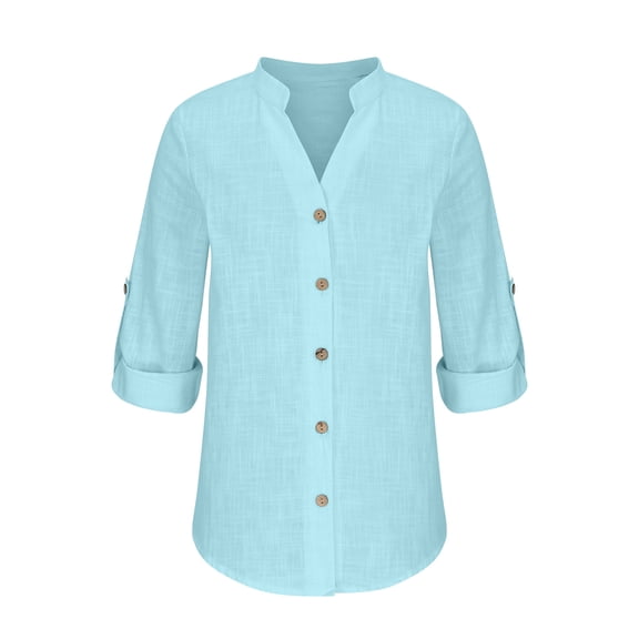 Patlollav Up to 65% off Womens Summer Casual Stand Collar Neck Long Sleeved Color Loose Shirt Tops