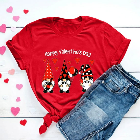 Patlollav Valentine's Day Womens Lover Printed T-shirt Round Neck Short Sleeve Tops