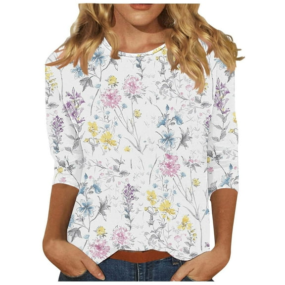 Patlollav White Blouses Womens Irregular Print Round 3/4 Sleeve T-Shirt Tops Seven Sleeve Shirt Up to 50% off