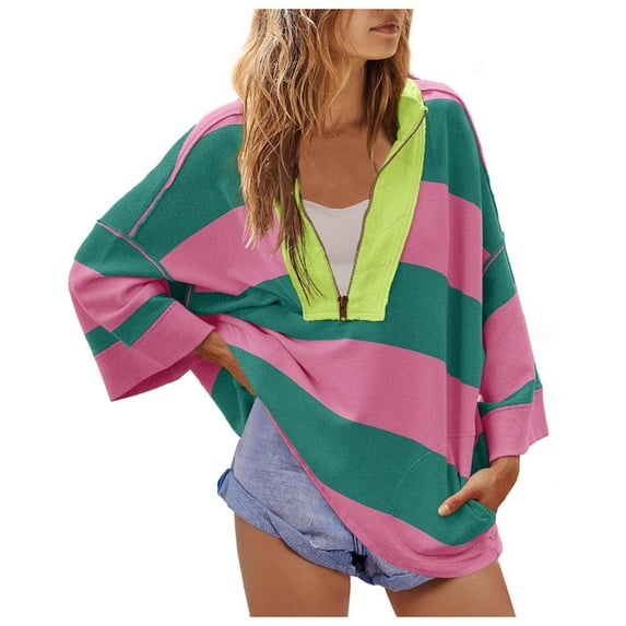 Patlollav Winner Long Sleeve Pullover Womens Oversized Striped Shirt Half Zip Sweatshirt Color Block V Neck Tops