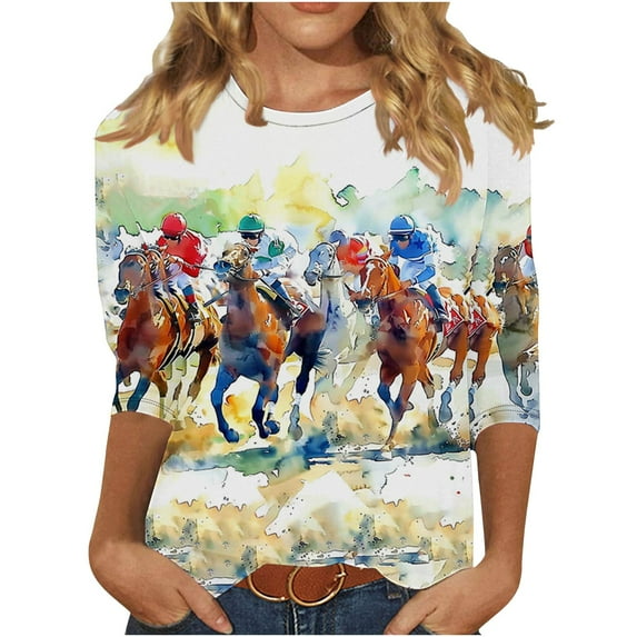 Patlollav Women's New 3/4 Sleeve Round Neck Pullover Racing Festival Casual Printed T-Shirt