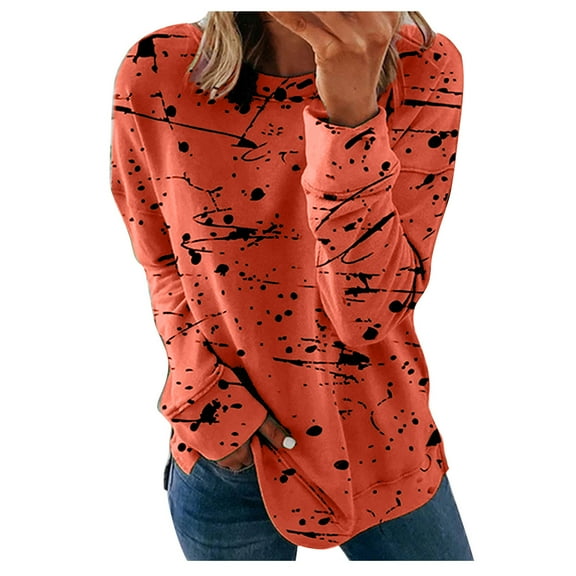 Patlollav Winter Fall Ladies Long Sleeve Blouses,Women Print Comfortable Breathable Round-Neck Tops