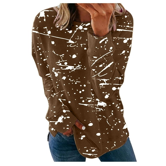 Patlollav Winter Fall Ladies Long Sleeve Blouses,Women Print Comfortable Breathable Round-Neck Tops