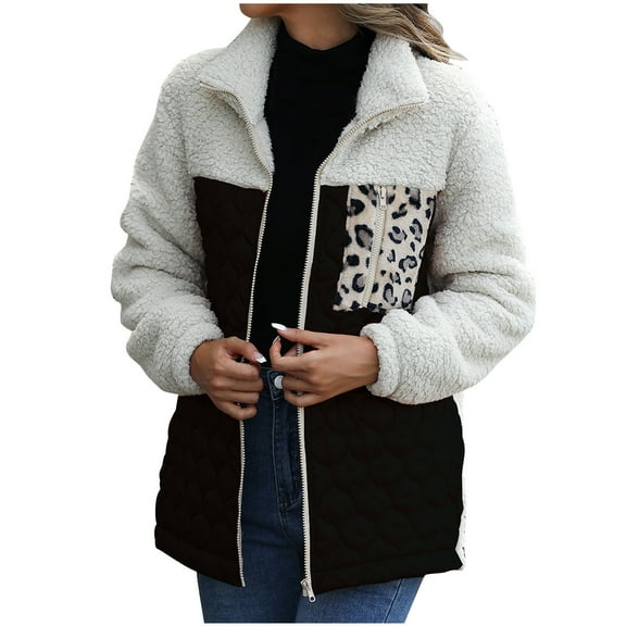 Patlollav Winter Fall Women Plush Coats Long Sleeve Loose Round Neck Patchwork Double-Sided Jackets