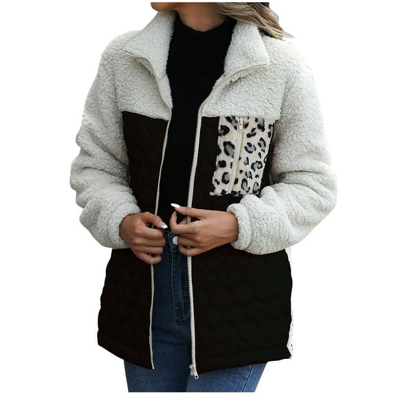 Patlollav Winter Fall Women Plush Coats Long Sleeve Loose Round Neck Patchwork Double-Sided Jackets