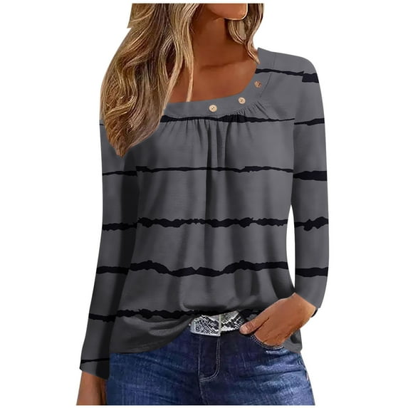 Patlollav Winter Fall Womens Solid Button Fashion Round Neck Comfortable Long Sleeve Tops