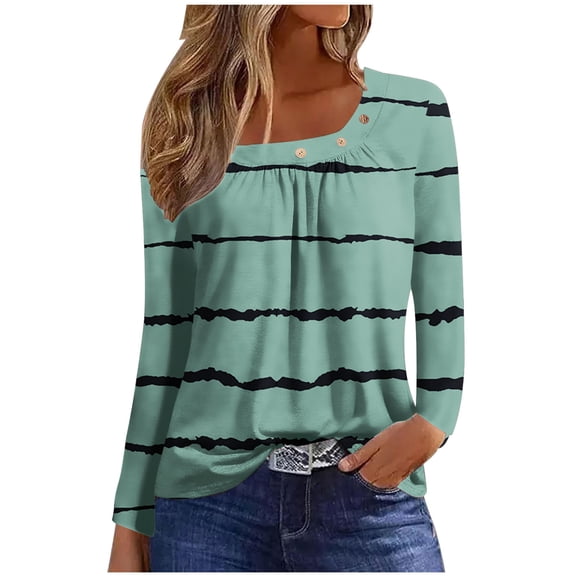 Patlollav Winter Fall Womens Solid Button Fashion Round Neck Comfortable Long Sleeve Tops