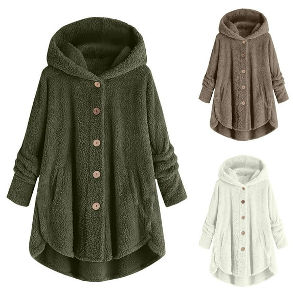 Patlollav Winter Jackets,Womens Wool Coat Plus Size Button Plush Tops Hooded Loose Cardigan