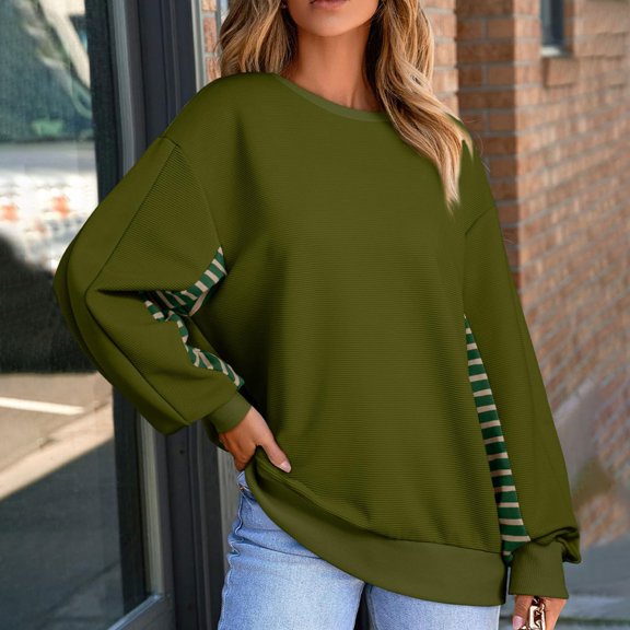 Patlollav Winter Solid Color Patchwork Striped Plus Size Women's Tops