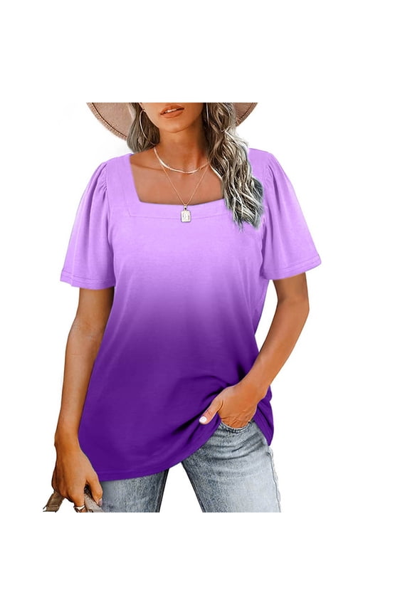 Womens Plus Size Print Short Sleeve Square Collar Pullover Casual T Shirt Top