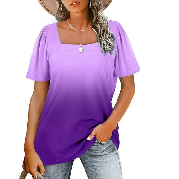 Pntutb Womens Plus Size Print Short Sleeve Square Collar Pullover Casual T Shirt Top