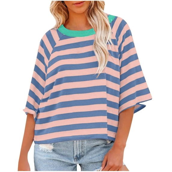 Patlollav Winter Women's Fashion 3/4 Sleeved Top Striped Knitted T-Shirt Loose Fitting Tops