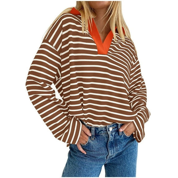 Patlollav Winter Women's Fashion Loose Long Sleeve Pullover Hoodless Stripe Sweatshirts Blouse Tops