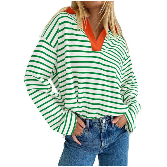 Patlollav Winter Women's Fashion Loose Long Sleeve Pullover Hoodless Stripe Sweatshirts Blouse Tops
