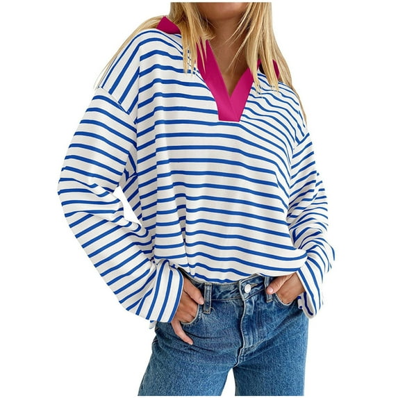 Patlollav Winter Women's Fashion Loose Long Sleeve Pullover Hoodless Stripe Sweatshirts Blouse Tops