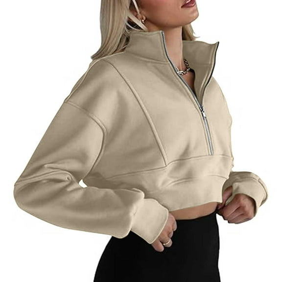 Patlollav Winter Women's Half Zipper Cropped Sweatshirts Casual Long Sleeve Tops With Thumb Hole