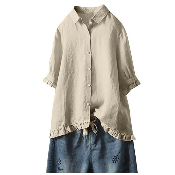 Patlollav Winter Women's Lapel 3/4 Sleeve Blouse Loose Button And Linen Tunic Shirts