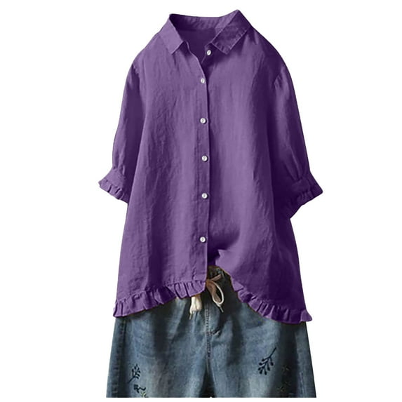 Patlollav Winter Women's Lapel 3/4 Sleeve Blouse Loose Button And Linen Tunic Shirts