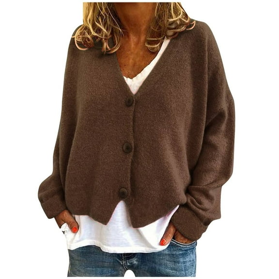 Patlollav Winter Womens Button Solid Knit Sweater Cardigan Long Sleeve Jacket