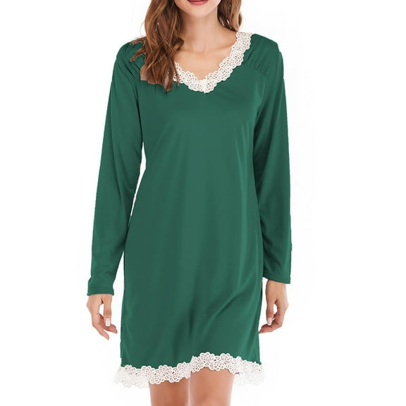 Patlollav Winter Womens Casual Dresses Solid Color Lace Long Sleeved V-Neck Loose Fitting Dress